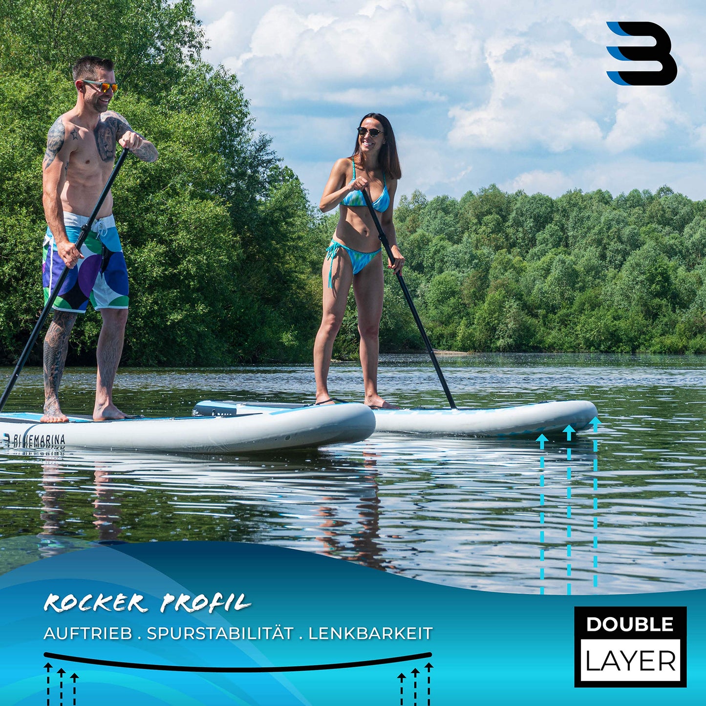 Bluemarina Aufblasbares SUP Board Moana | 5 Jahre Garantie | 325x85x15 cm | bis 180 kg | Komplett-Set Paddleboard/Surfbrett