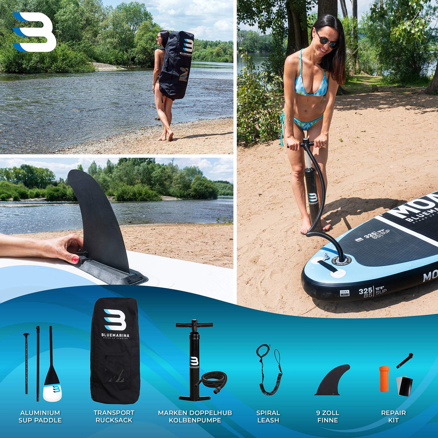 Bluemarina Aufblasbares SUP Board Moana | 5 Jahre Garantie | 325x85x15 cm | bis 180 kg | Komplett-Set Paddleboard/Surfbrett