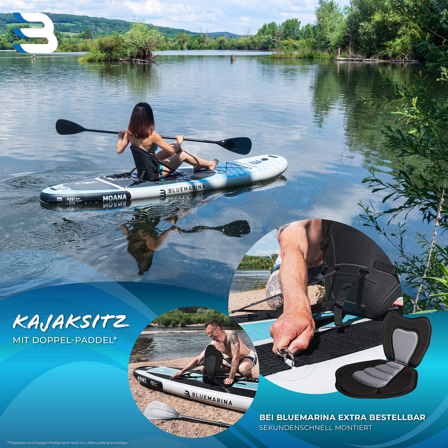 Bluemarina Aufblasbares SUP Board Moana | 5 Jahre Garantie | 325x85x15 cm | bis 180 kg | Komplett-Set Paddleboard/Surfbrett