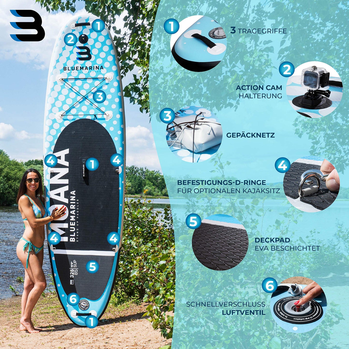 Bluemarina Aufblasbares SUP Board Moana | 5 Jahre Garantie | 325x85x15 cm | bis 180 kg | Komplett-Set Paddleboard/Surfbrett