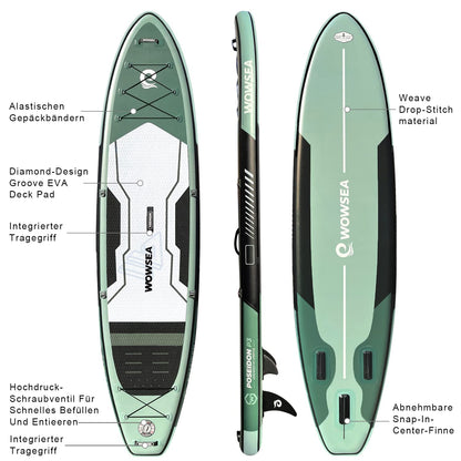 WOWSEA Poseidon P3 Aufblasbares Paddle Board, Langlebiges und Stabiles Touren Paddelboard, Reisen & Freizeit SUP Board mit iSUP Zubehör, Gute Wahl für Aquatische Lehre und Erholung
