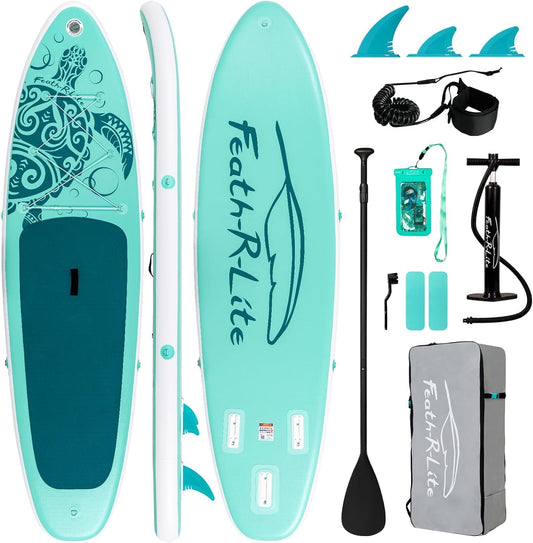FEATH-R-LITE Aufblasbares SUP Board für Erwachsene | Komplett-Set mit Paddel, Pumpe, Rucksack, Leine & wasserdichter Tasche