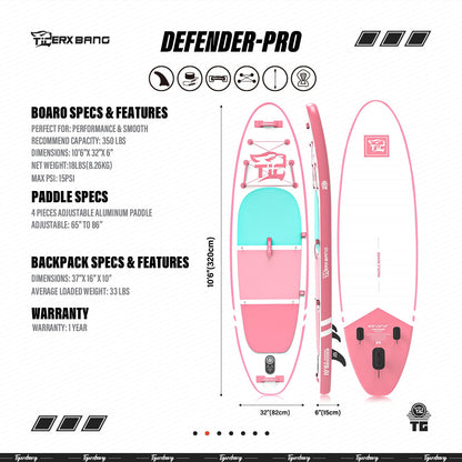 TIGERXBANG SUP Boards Stand Up Paddling Board 320x82x15cm, aufblasbare Paddle-Boards mit Doppelschläger-Paddel, Kajak-Sitz, Defender-Pro-Kollektion Rosa