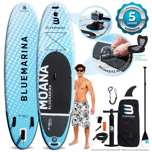 Bluemarina Aufblasbares SUP Board Moana | 5 Jahre Garantie | 325x85x15 cm | bis 180 kg | Komplett-Set Paddleboard/Surfbrett