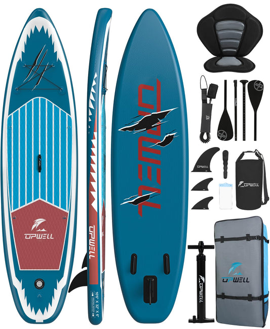 UPWELL 320x81x15cm Aufblasbares Stand Up Paddling Board mit Sitz, SUP Board Standup Paddle Board Paddleboard, Blue Shark