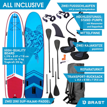 BRAST® SUP Board Family XXL 370x87x15 cm | bis 210 kg | 7 Designs | inkl. 2 Kajak-Sitze, 2 Paddel, Pumpe, Fußschlaufen, Rucksack – Modell Turtle