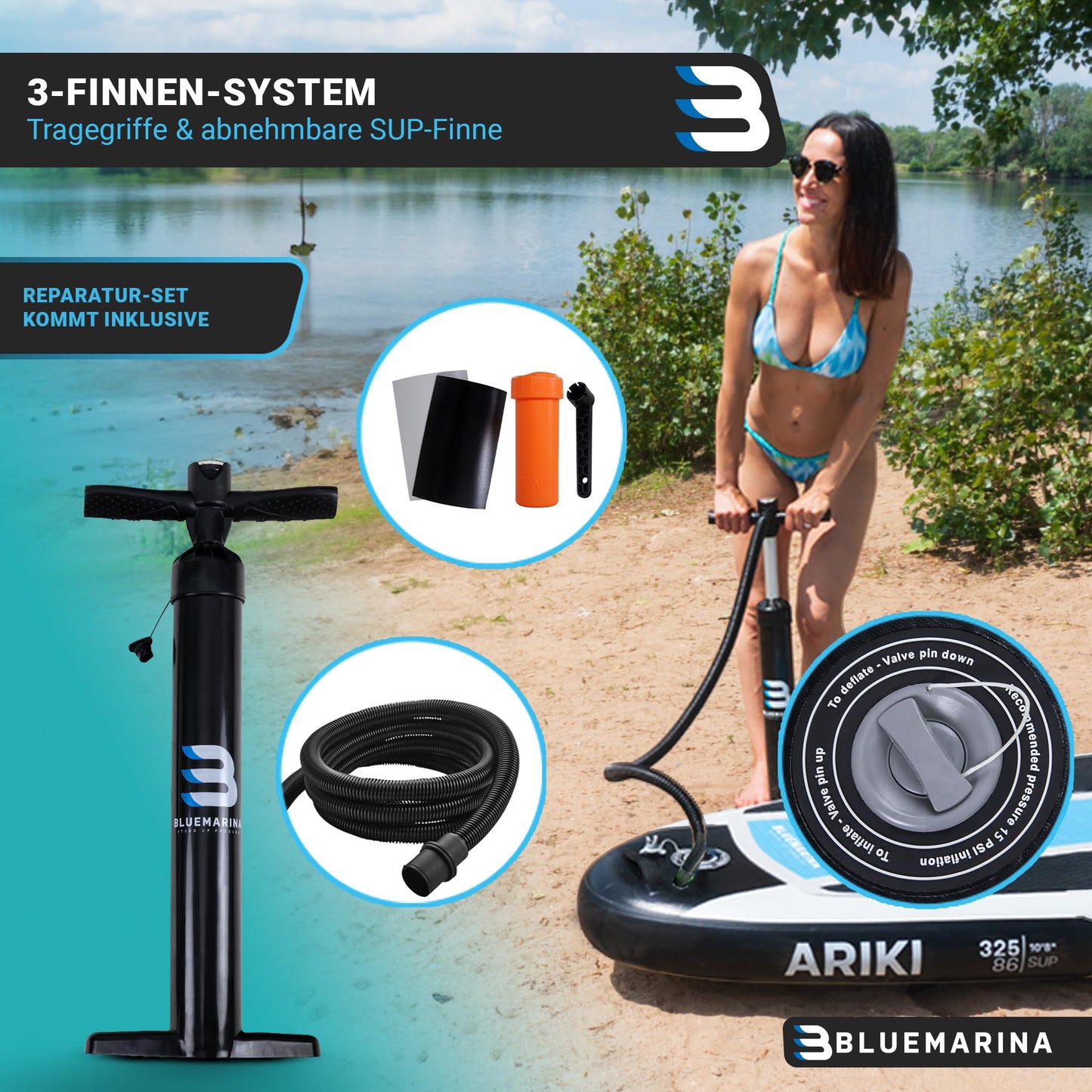 Bluemarina Stand Up Paddle Board aufblasbar Ariki | 𝟓 𝐉𝐀𝐇𝐑𝐄 𝐆𝐀𝐑𝐀𝐍𝐓𝐈𝐄 - 140 kg Tragkraft - Paddling Set - SUP Board - Surfbrett (Ariki 325x86x15cm)