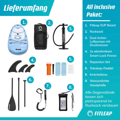 Fitleap Premium Aufblasbares SUP Board Set | Mit Pumpe, verstellbarem Paddel & Rucksack | Für Anfänger & Profis – Yoga, Surfen, Wassersport