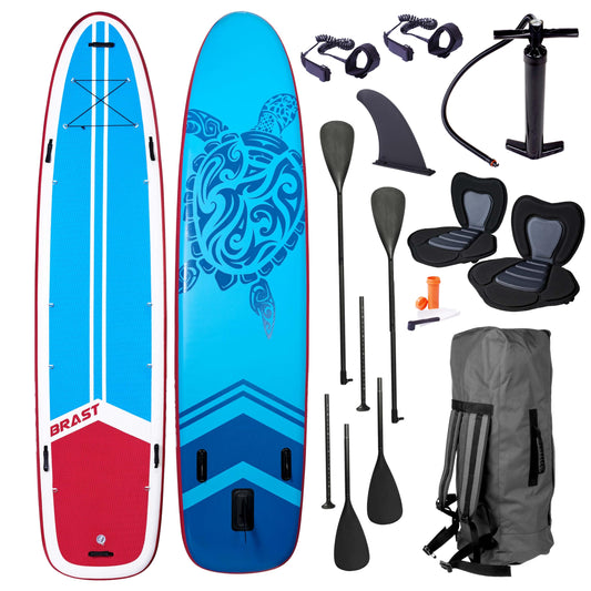 BRAST® SUP Board Family XXL 370x87x15 cm | bis 210 kg | 7 Designs | inkl. 2 Kajak-Sitze, 2 Paddel, Pumpe, Fußschlaufen, Rucksack – Modell Turtle