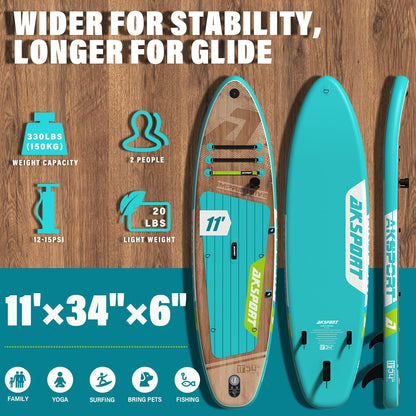 AKSPORT 11' Aufblasbares SUP Board mit Zubehör, breites rutschfestes Design – 2-in-1 Paddleboard/Kajak zum Paddeln & Angeln