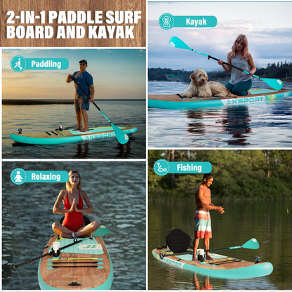 AKSPORT 11' Aufblasbares SUP Board mit Zubehör, breites rutschfestes Design – 2-in-1 Paddleboard/Kajak zum Paddeln & Angeln