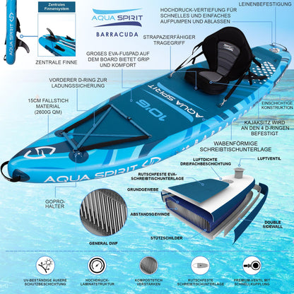 Aqua Spirit SUP Aufblasbares Stand-Up Paddle Board 2024 | 320x81x15cm | Kompletter Kajak-Umbausatz mit Paddel, Rucksack, Pumpe und weiterem Zubehör | Erwachsene Anfänger/Experten | 2 Jahre Garantie