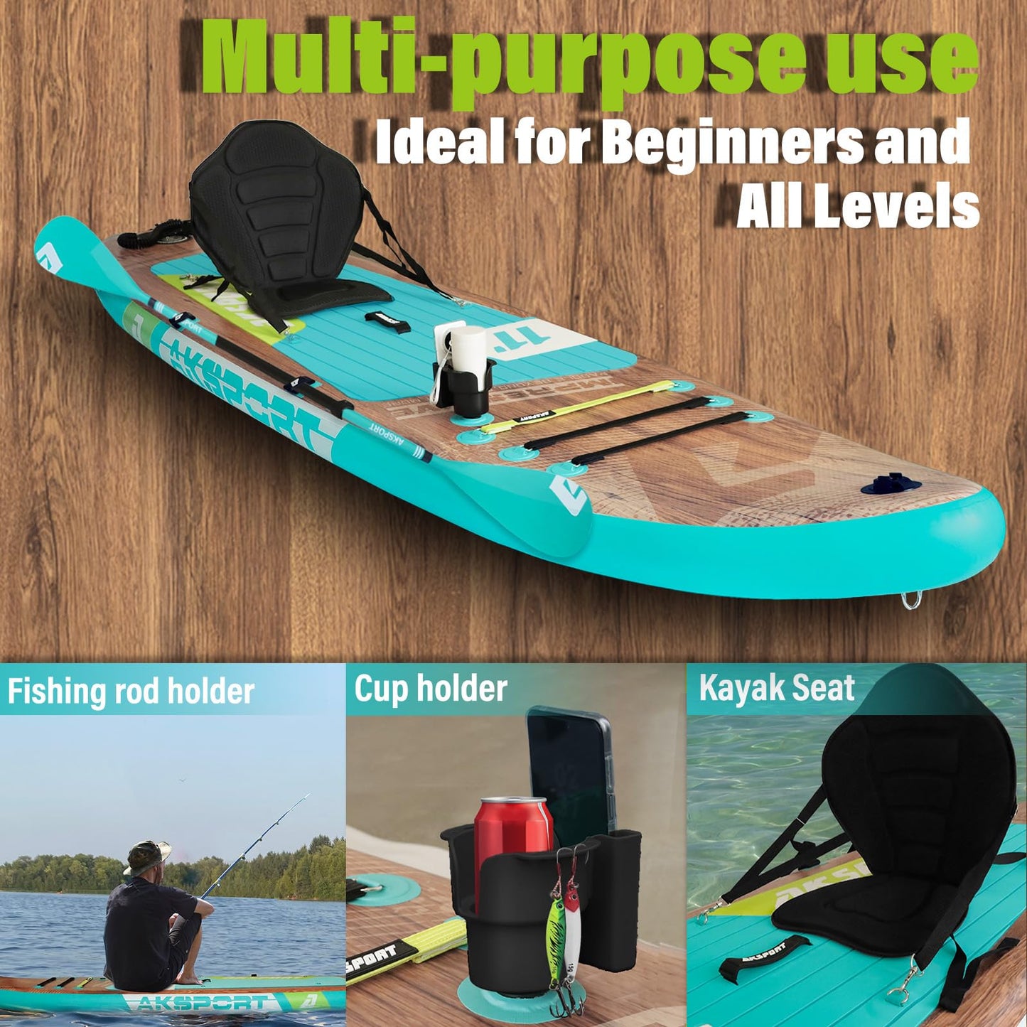 AKSPORT 11' Aufblasbares SUP Board mit Zubehör, breites rutschfestes Design – 2-in-1 Paddleboard/Kajak zum Paddeln & Angeln