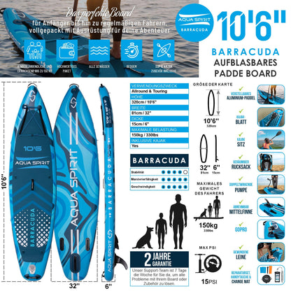 Aqua Spirit SUP Aufblasbares Stand-Up Paddle Board 2024 | 320x81x15cm | Kompletter Kajak-Umbausatz mit Paddel, Rucksack, Pumpe und weiterem Zubehör | Erwachsene Anfänger/Experten | 2 Jahre Garantie