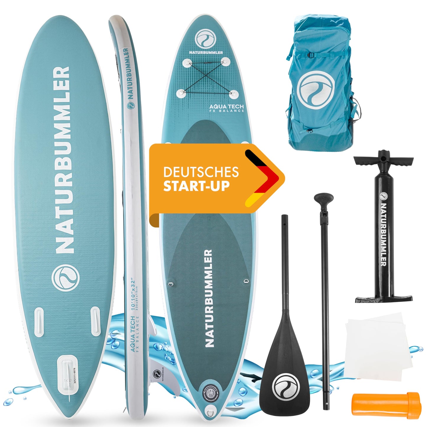 NATURBUMMLER® SUP Board Komplettset [330×81×15 cm] – Stand Up Paddle Board für Anfänger & Fortgeschrittene (150 kg) – inkl. Paddel, Luftpumpe & Rucksack – Paddleboard Outdoor