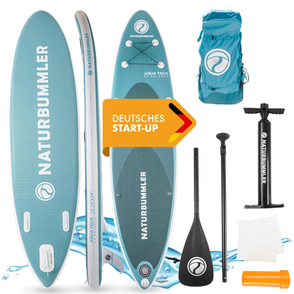 NATURBUMMLER® SUP Board Komplettset [330×81×15 cm] – Stand Up Paddle Board für Anfänger & Fortgeschrittene (150 kg) – inkl. Paddel, Luftpumpe & Rucksack – Paddleboard Outdoor