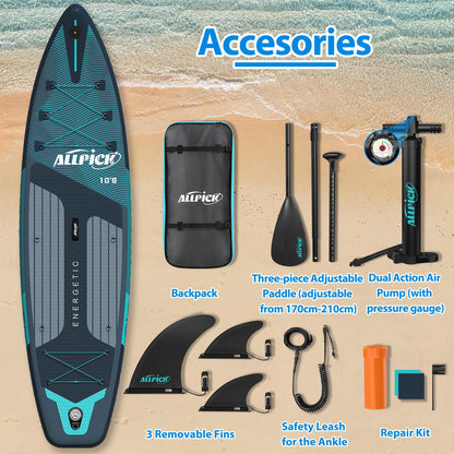 ALLPICK Premium SUP Board Set, Stand Up Paddling Board Aufblasbar, Mit Universal Kamerahalterung, Komplettes Zubehör, Verstellbares Paddel, Anfänger, Fortgeschrittene, 180kg (Premium-Grün)