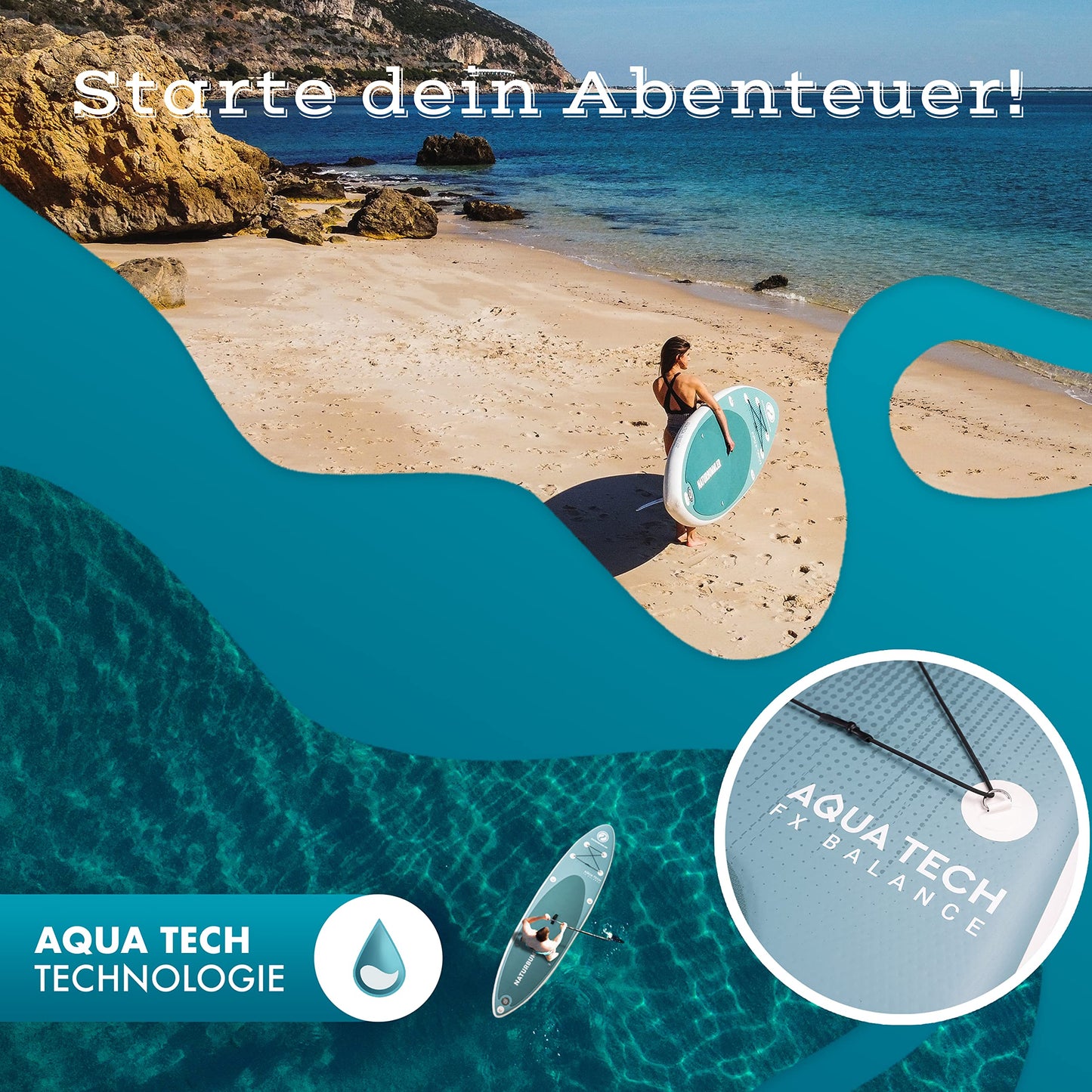 NATURBUMMLER® SUP Board Komplettset [330×81×15 cm] – Stand Up Paddle Board für Anfänger & Fortgeschrittene (150 kg) – inkl. Paddel, Luftpumpe & Rucksack – Paddleboard Outdoor
