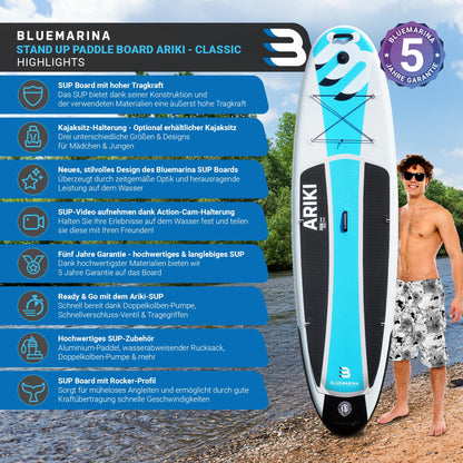 Bluemarina Stand Up Paddle Board aufblasbar Ariki | 𝟓 𝐉𝐀𝐇𝐑𝐄 𝐆𝐀𝐑𝐀𝐍𝐓𝐈𝐄 - 140 kg Tragkraft - Paddling Set - SUP Board - Surfbrett (Ariki 325x86x15cm)