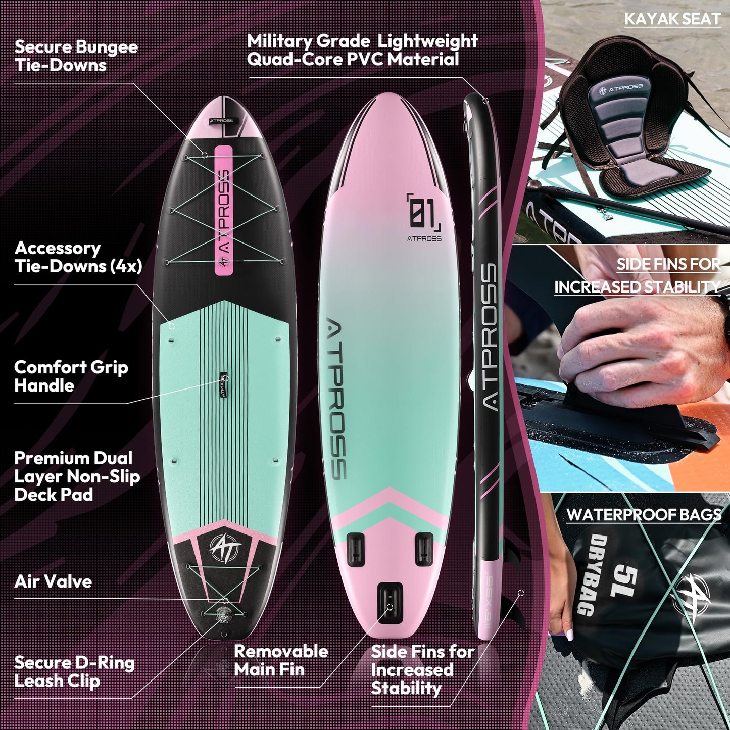 ATPROSS 350x89x15cm Inflatable Paddle Board, 200kg Extra Wide Stand Up Paddleboard for Adults with Premium SUP Accessories Kit & Backpack, Blow Up Kayak Non-Slip Stable Deck Boat for Yoga Fishing Surf