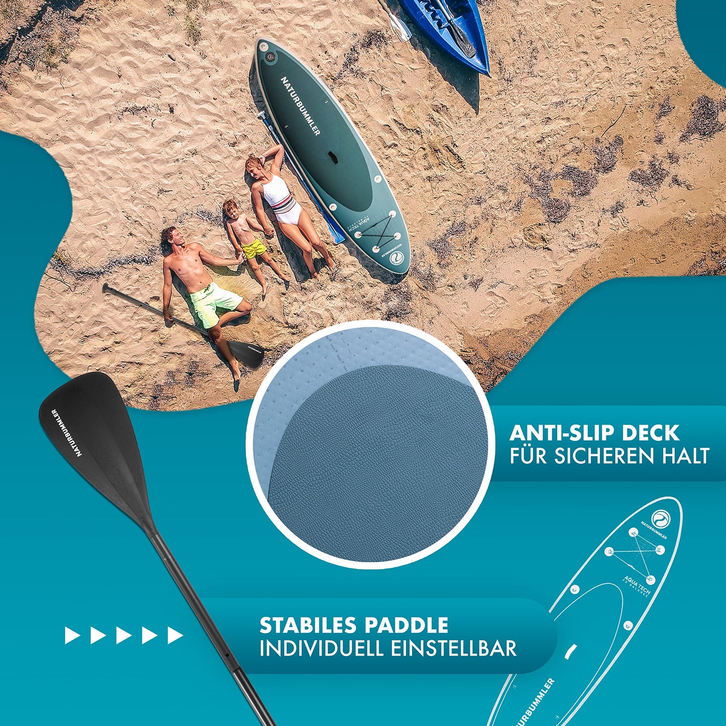 NATURBUMMLER® SUP Board Komplettset [330×81×15 cm] – Stand Up Paddle Board für Anfänger & Fortgeschrittene (150 kg) – inkl. Paddel, Luftpumpe & Rucksack – Paddleboard Outdoor