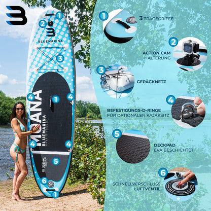 Bluemarina Aufblasbares SUP Board Moana | 5 Jahre Garantie | 325x85x15 cm | bis 180 kg | Komplett-Set Paddleboard/Surfbrett